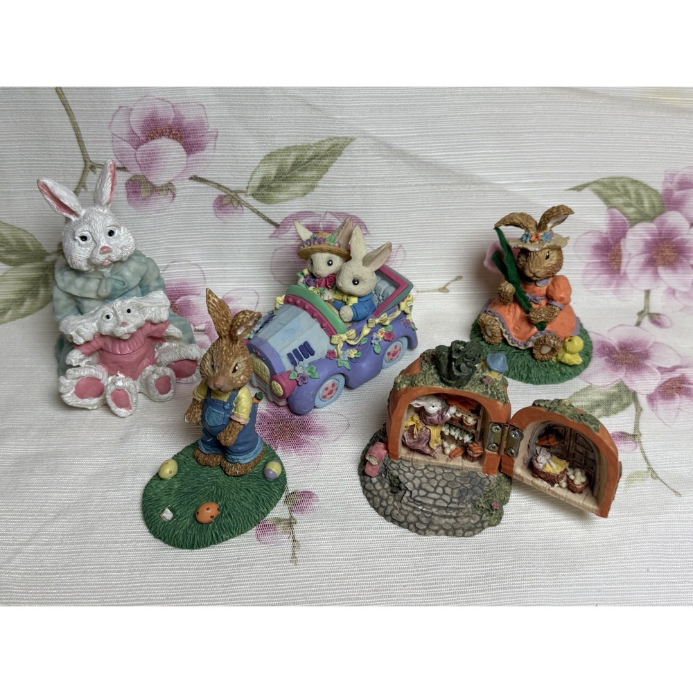 Vintage Bunny Rabbit Figurine Lot of 5 Russ Hermitage Pottery Easter Decor
